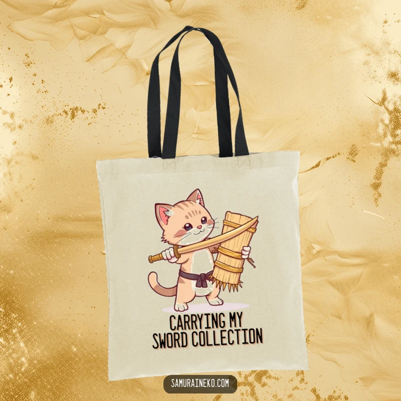 Funny tote bag illustrating a cat playfully attacking a straw dummy with a tiny sword, a humorous scene for everyday use.