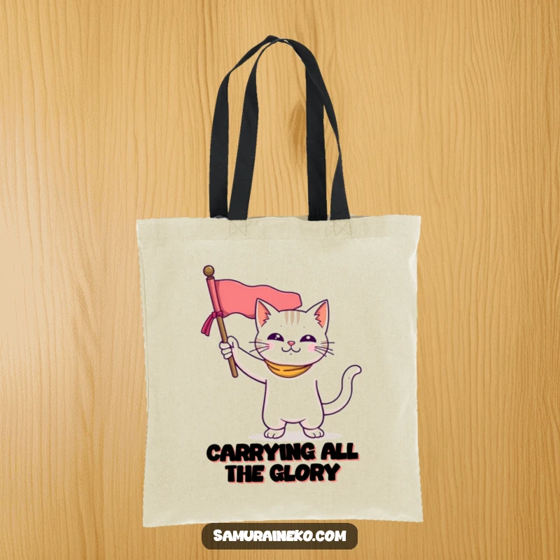 Funny tote bag featuring a courageous cat in a heroic pose, holding a miniature banner aloft, ready for any funny adventure.