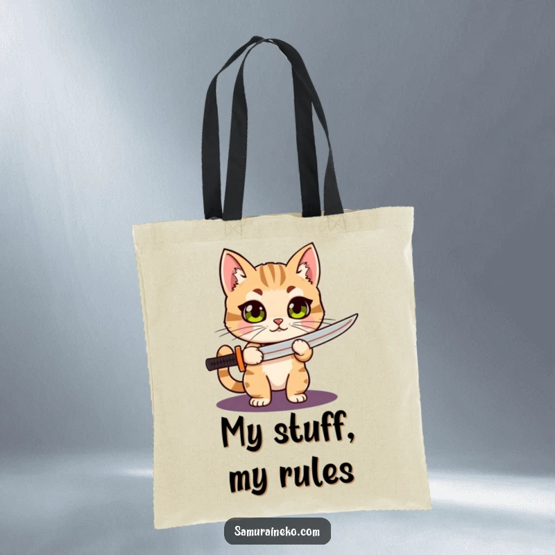 Funny Cat Katana tote bag featuring a curious, wide-eyed cat proudly holding a tiny katana, perfect for shopping or carrying your fighting spirit.