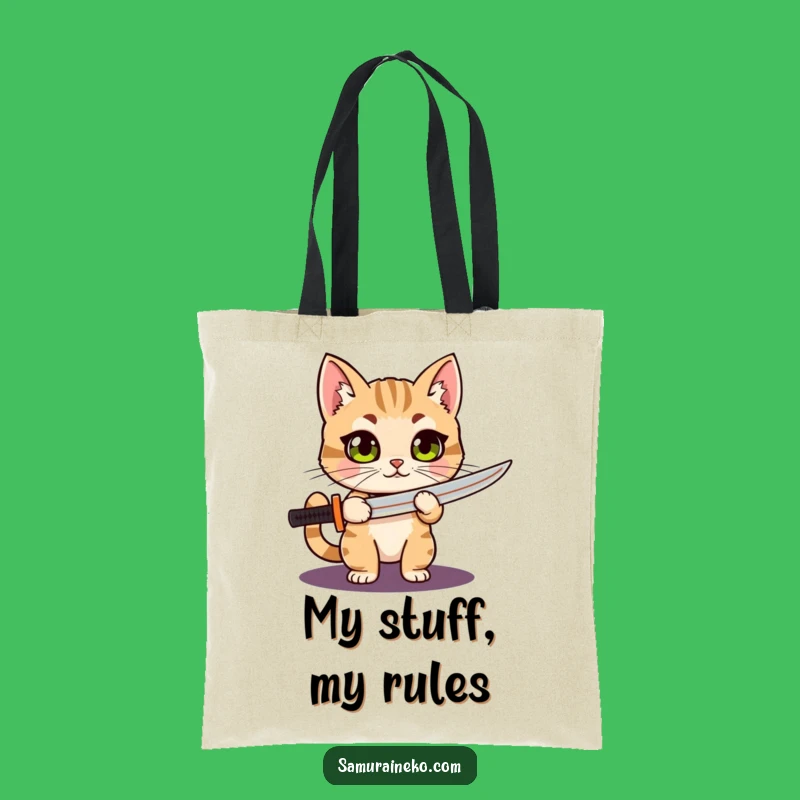 Funny Cat Katana Tote Bag: Proud Warrior with Wide Eyes, Stylish Humorous Carryall