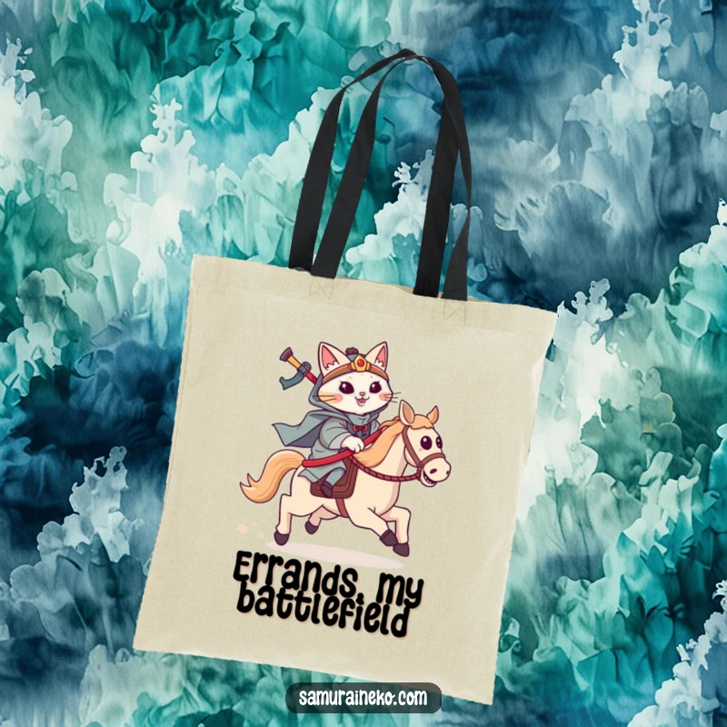 Funny cat samurai tote bag with a feline warrior riding a hobby horse, charging forward with gleeful energy.