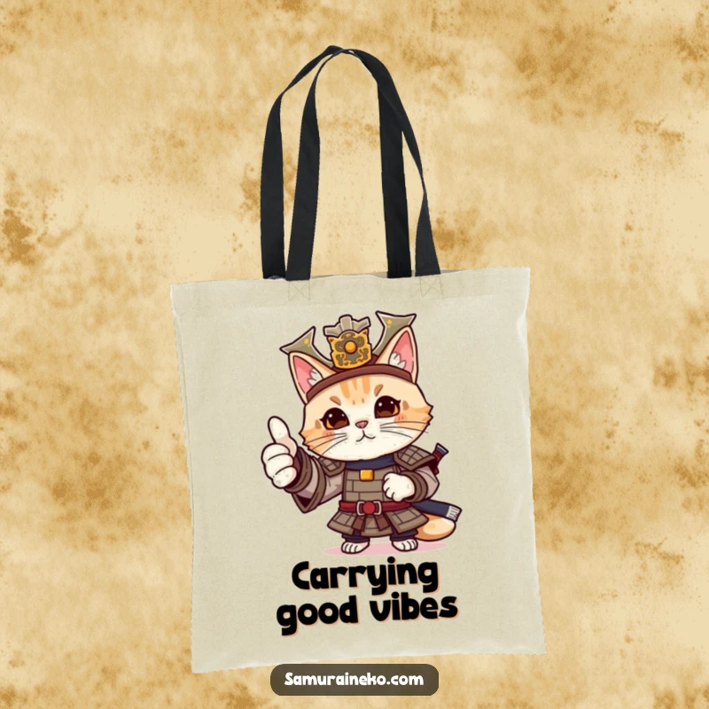 Funny cat samurai tote bag with a feline warrior in detailed armor giving a friendly, approving thumbs-up.