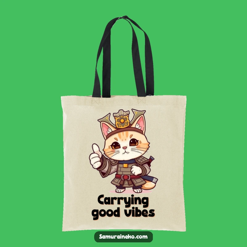 Funny Cat Samurai Thumbs-Up Tote Bag: Carry Your Cool Vibes