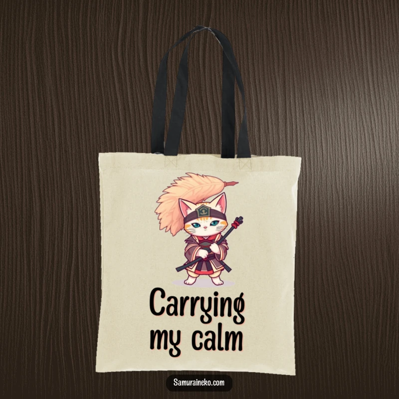 Funny cat samurai balancing a large feather on its head, showcased on a practical and stylish tote bag.