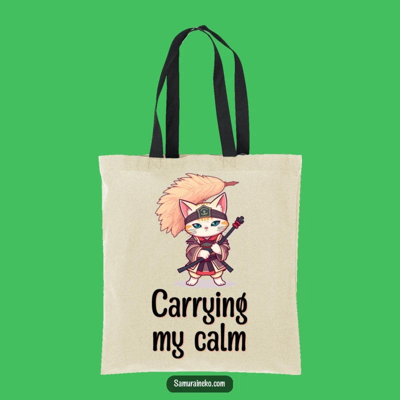 Funny Cat Samurai Tote Bag - Feather Balance Zen Carryall