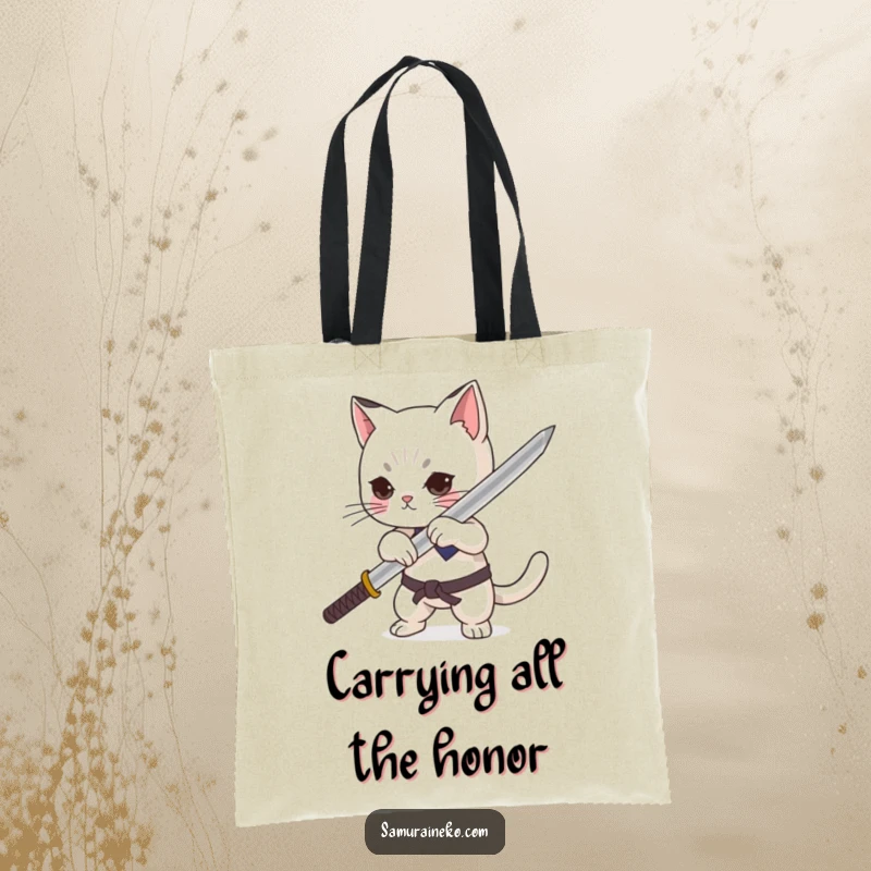 Funny cat character dramatically sheathing a minuscule katana with pride on a tote bag, a humorous and practical accessory.