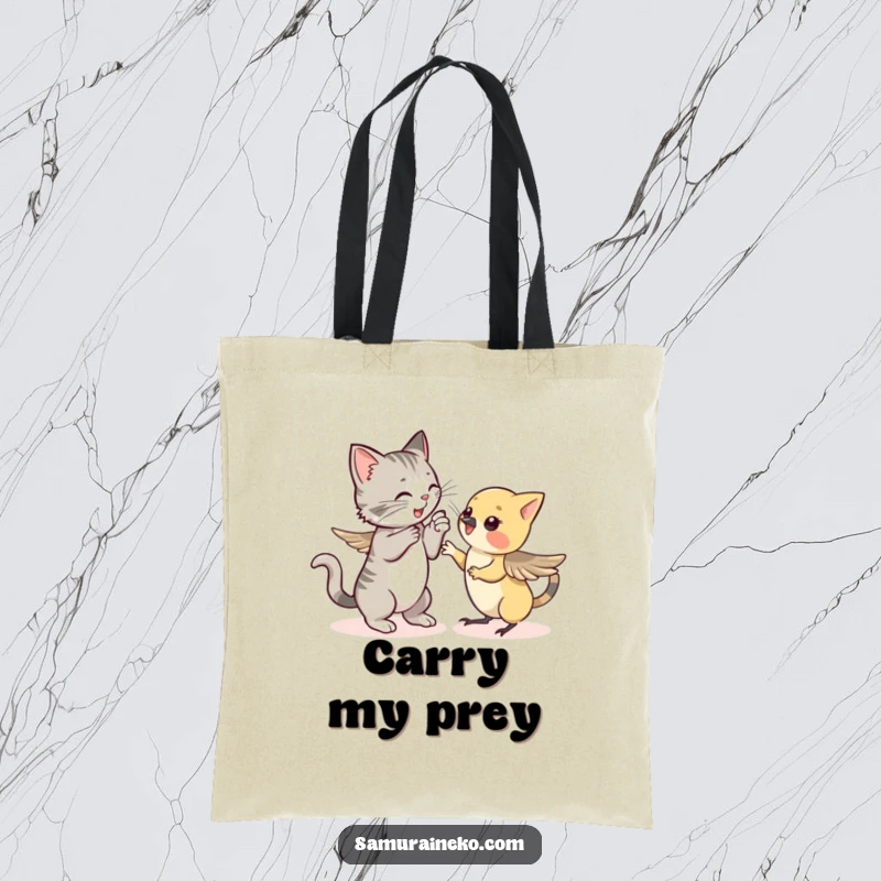 Funny tote bag: a cat playfully lunges at a small sparrow, showcasing a humorous animal chase in a practical accessory.
