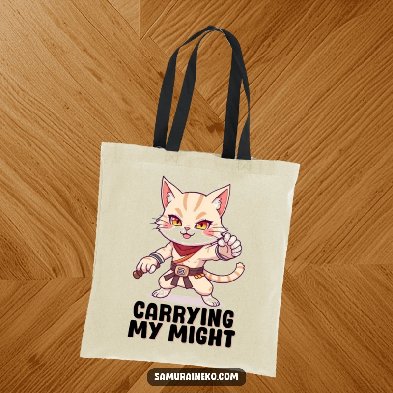 Funny tote bag with a cat warrior striking a powerful and adorable pose, a humorous and stylish accessory.