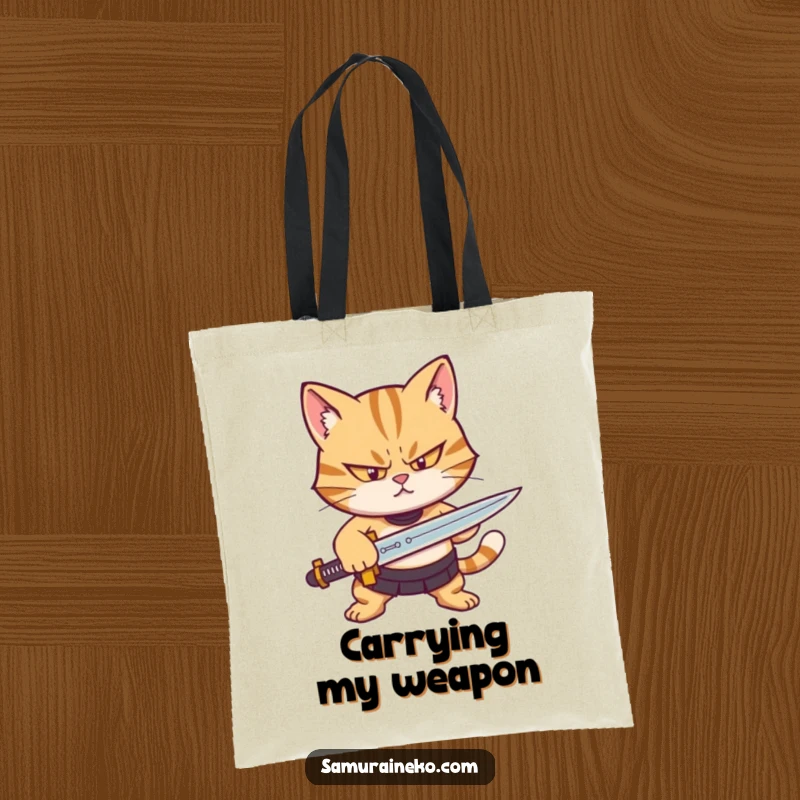 Funny tote bag illustrating a determined cat character sharpening a miniature sword with a focused squint, great for shopping.