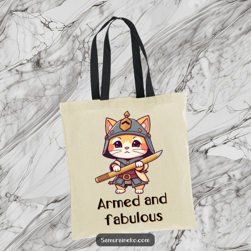 Funny cat character equipped with a tiny helmet and bamboo sword, showcased on a practical and stylish tote bag.
