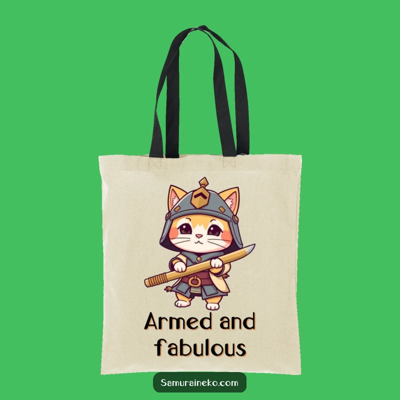 Funny Cat Warrior Tote Bag - Tiny Helmet Bamboo Sword Carryall