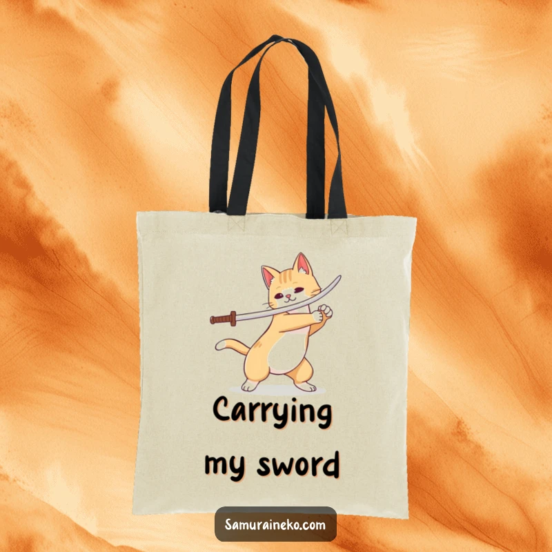Funny cat warrior tote bag showcasing a playful sword flourish and a wagging tail, ideal for stylish, humorous carrying.