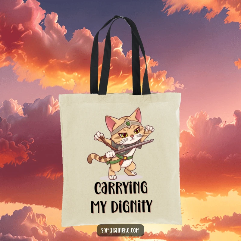 Funny tote bag showcasing a cat warrior striking a dramatic pose but slightly losing balance, ideal for carrying essentials.