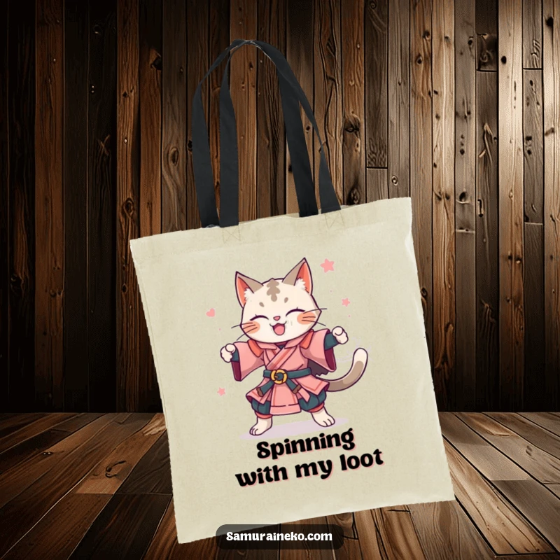 Funny tote bag showing a happy feline samurai doing a dynamic celebratory spin. A practical funny gift.