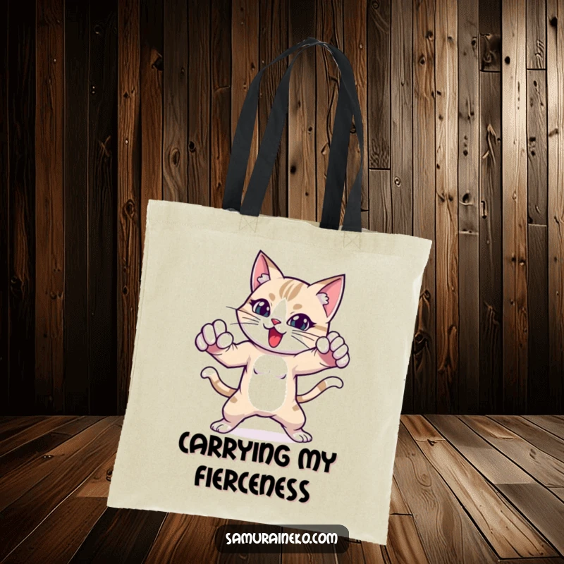 Funny cat tote bag depicting a cat in an exciting, playful fighting pose, ready for anything.