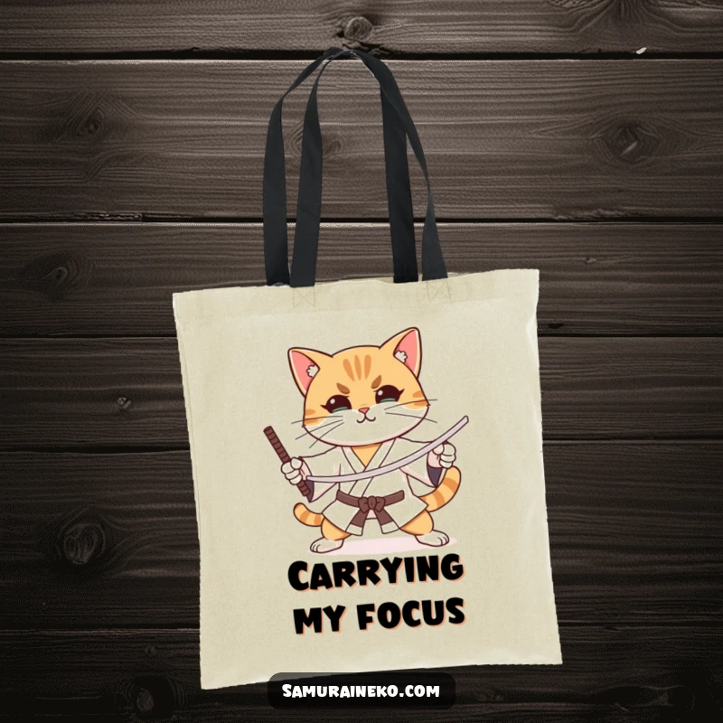 Funny cat practicing sword stances with intense focus and a slight smile, on a practical tote bag.