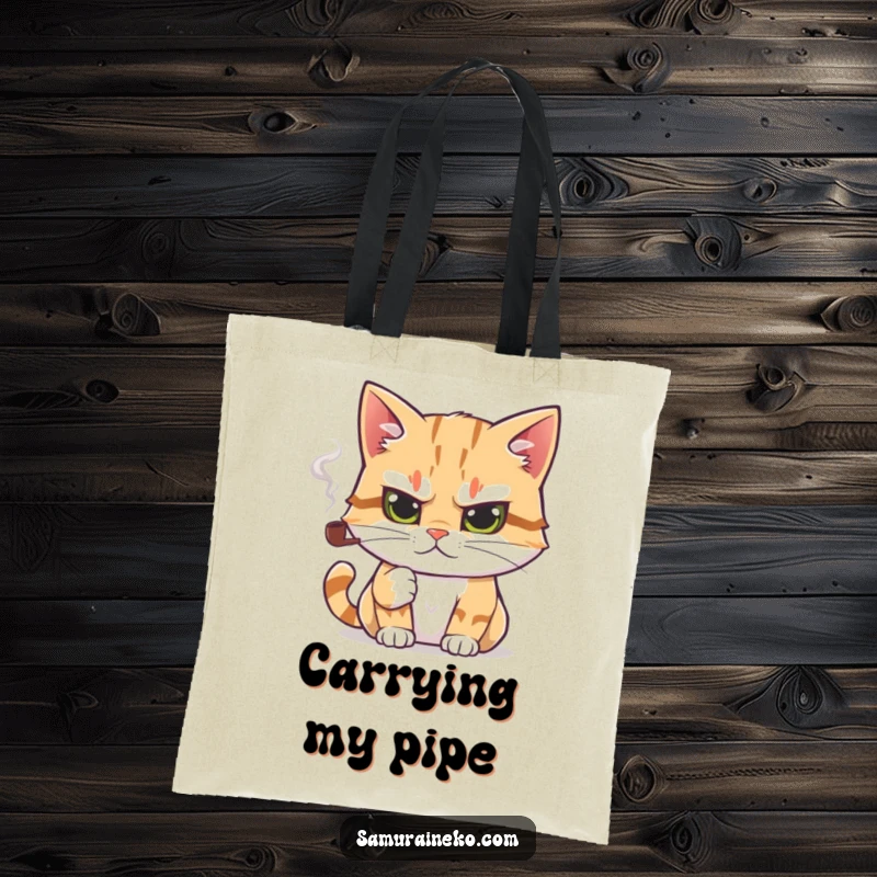 Funny tote bag featuring a cat, holding a tiny smoking pipe, ideal for carrying essentials with a distinguished and humorous twist.