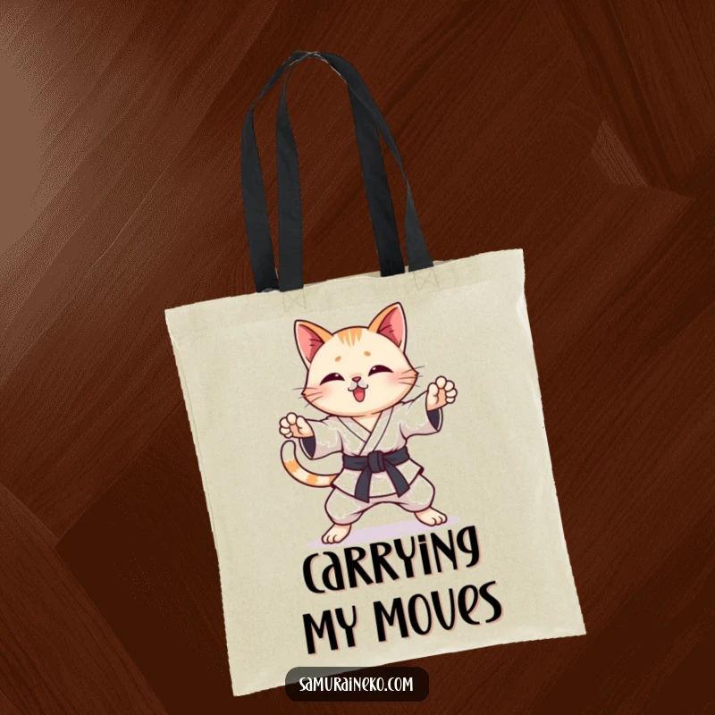 Funny Karate Cat Tote Bag: A durable tote featuring a cat practicing karate poses with a wagging tail, perfect for everyday use.