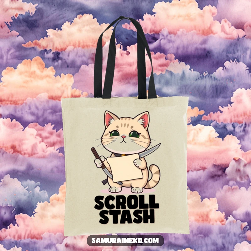 Funny cat holding a miniature katana with pride, a tiny scroll nearby, making this tote bag a symbol of precision.