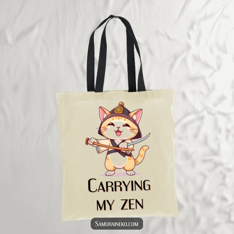 Funny tote bag showcasing a cat in a ronin hat practicing sword forms with a joyful expression, great for carrying essentials.