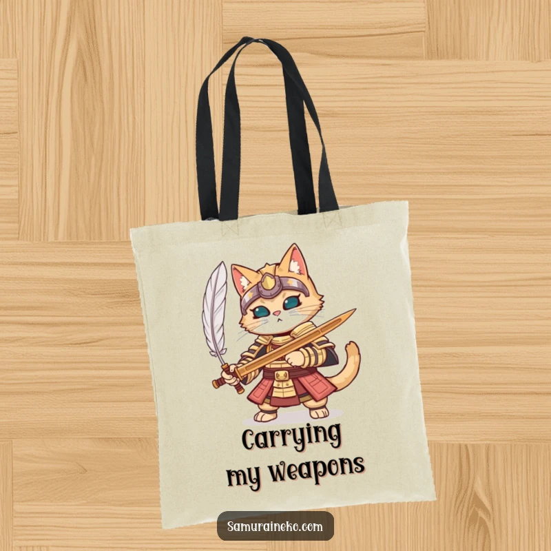 Funny cat in full samurai armor parrying a feather with a wooden sword, on a detailed tote bag.