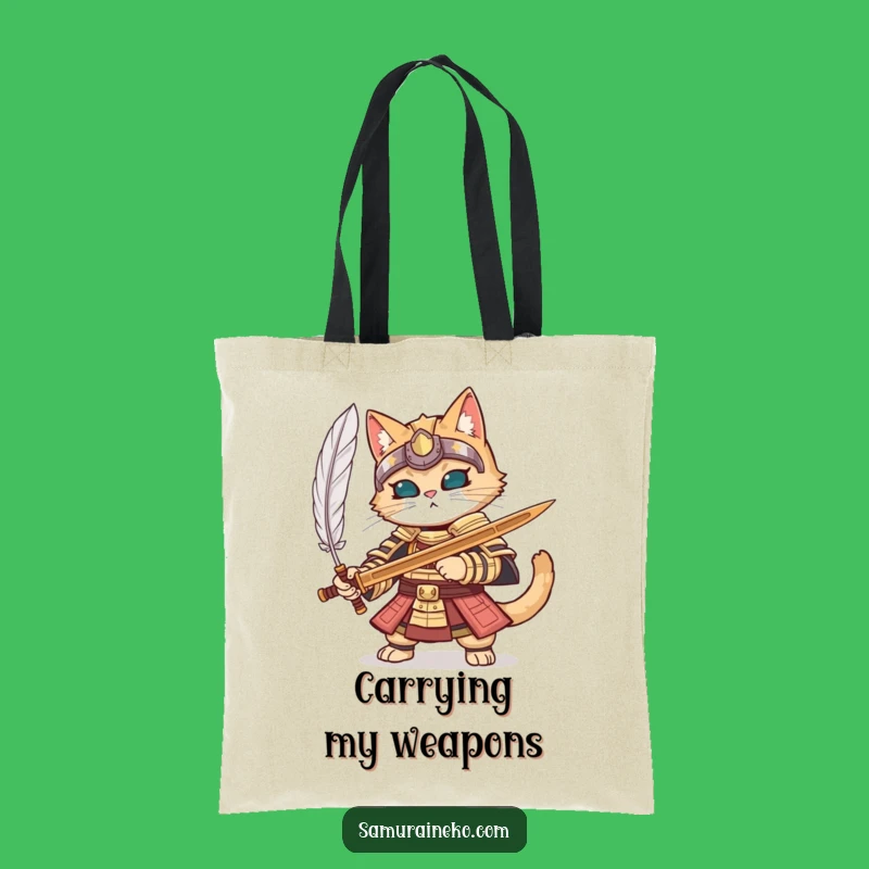 Funny Samurai Cat Armor Tote Bag - Detailed & Practical Warrior Carryall