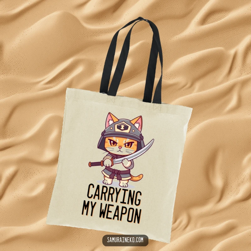 Funny tote bag featuring a cat in a helmet, bravely unsheathing a small katana, ideal for carrying essentials with a battle-ready twist.