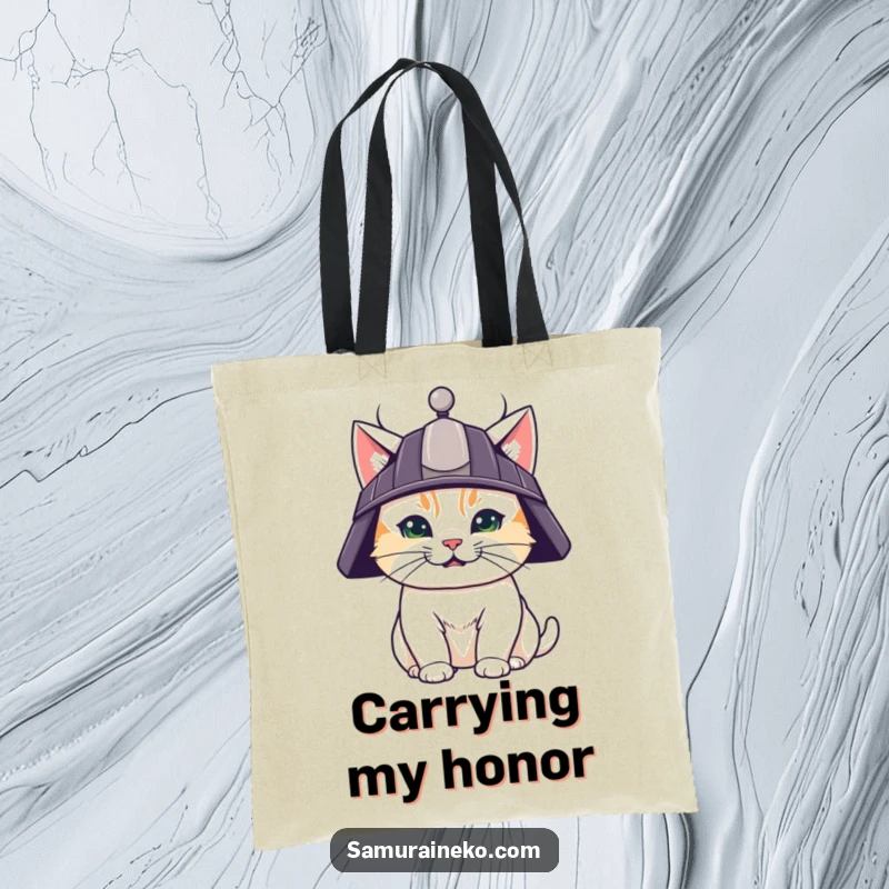Funny tote bag showcasing a cute cat in a samurai helmet with a determined grin, ready for any adventure.
