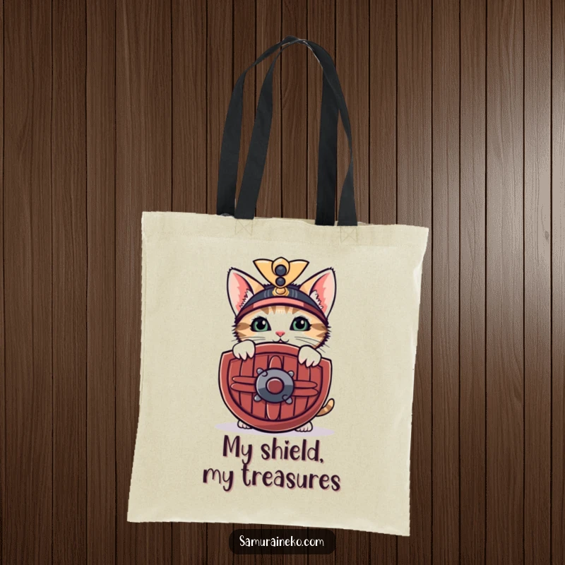 Funny tote bag featuring a curious kitten peeking from behind a miniature samurai shield with a shy smile, perfect for shopping.