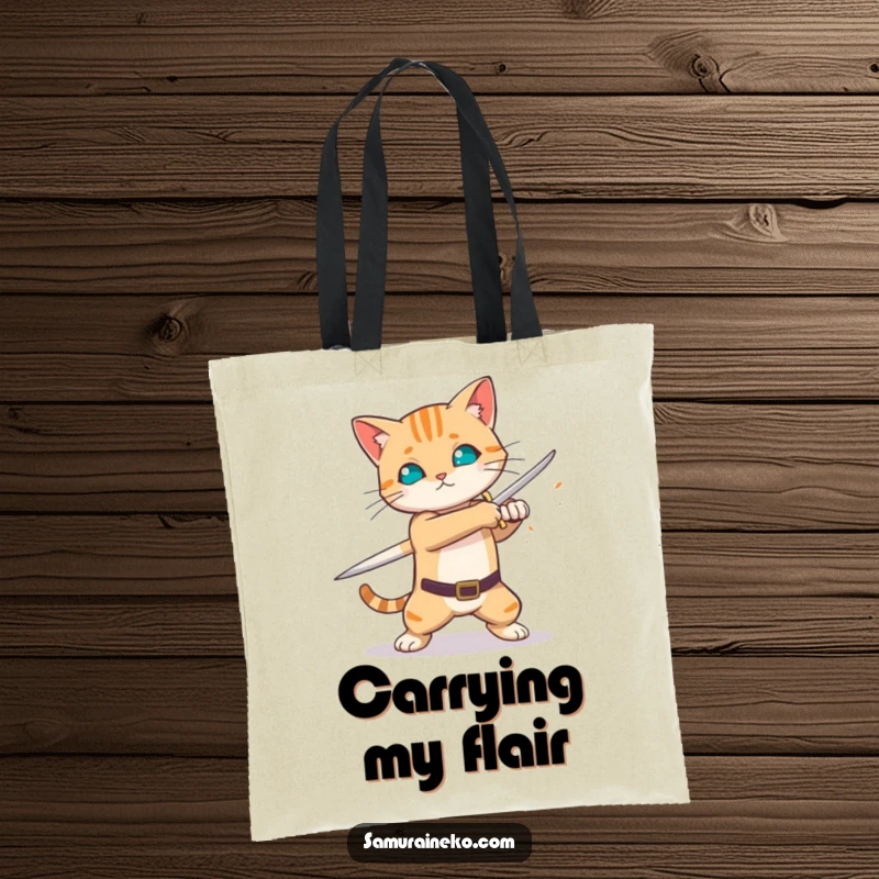 Funny cat practicing sword swing, sparks flying, durable tote bag, perfect funny gift for dynamic people.
