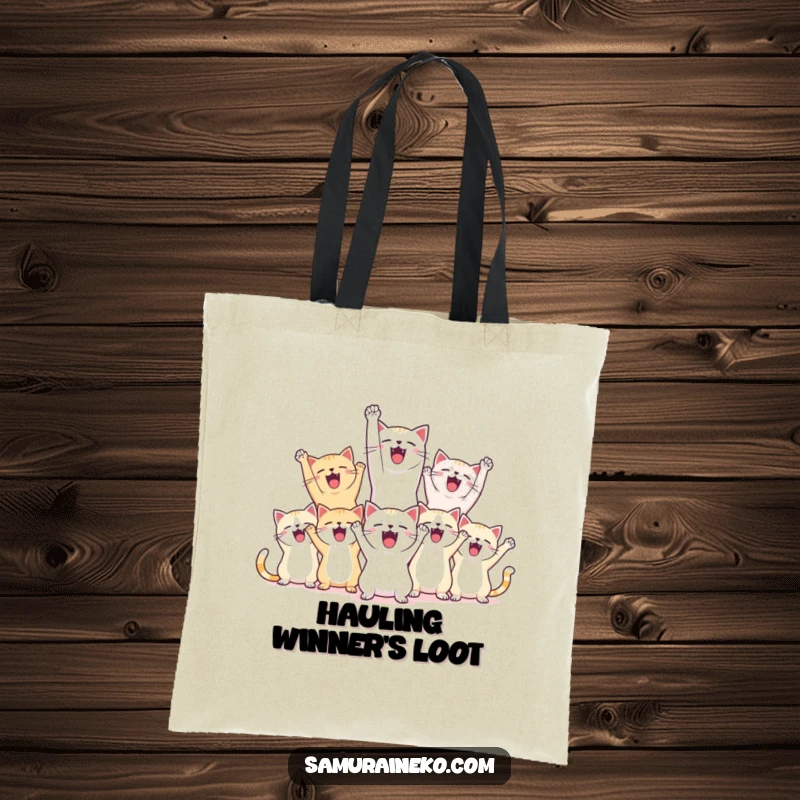 Funny tote bag with jubilant cats jumping and cheering, celebrating a win with raised paws and happy faces.