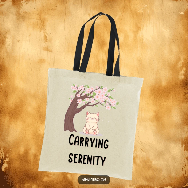 Funny cat tote bag showing a cat meditating peacefully under a delicate cherry blossom tree.