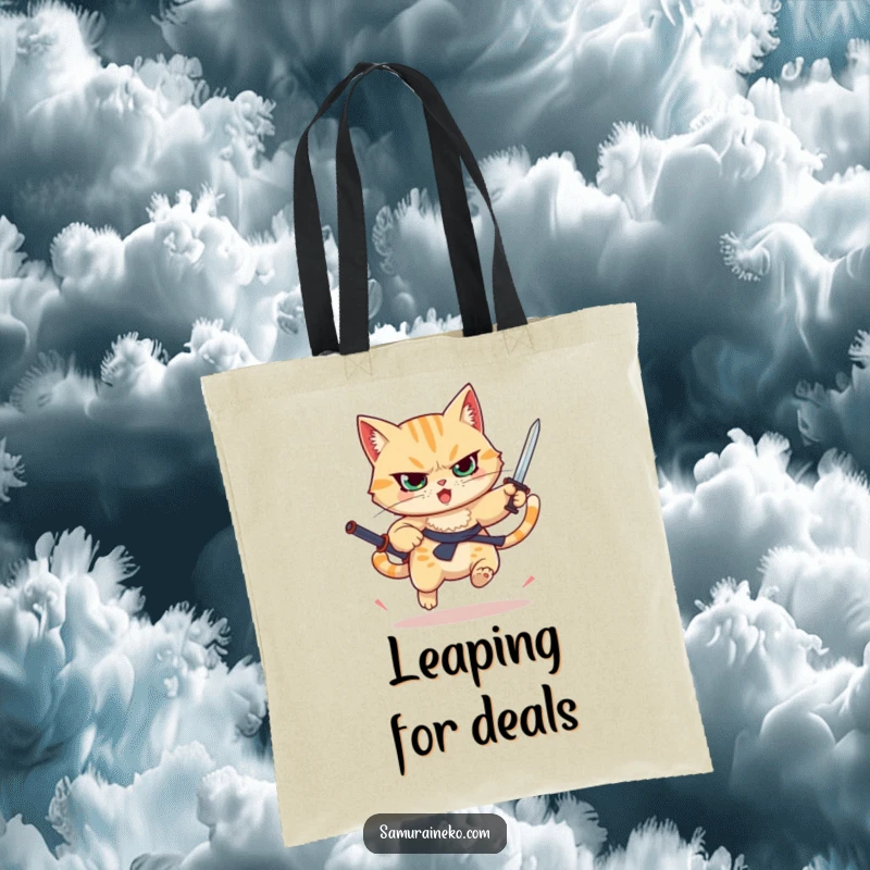Funny determined cat leaping with a tiny sword, durable tote bag, perfect funny gift for action lovers.