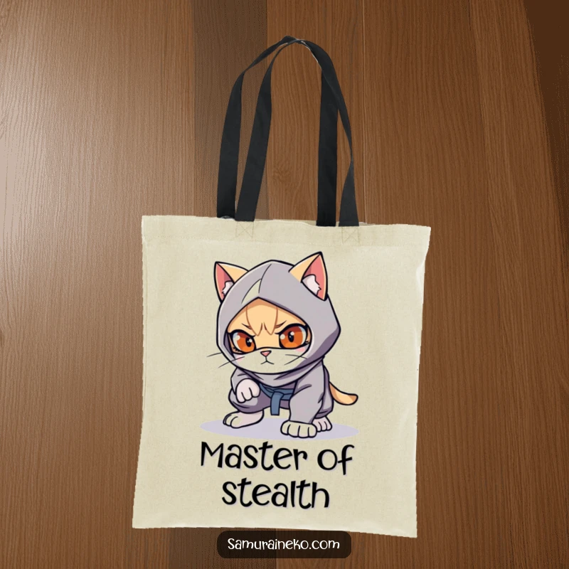 Funny cat ninja design on a tote bag, crouched low, ready to pounce, a great funny gift.