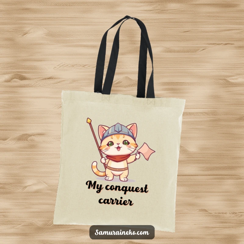 Funny tote bag: a cat wearing a tiny helmet holds a victory banner, showcasing a triumphant and comical design.