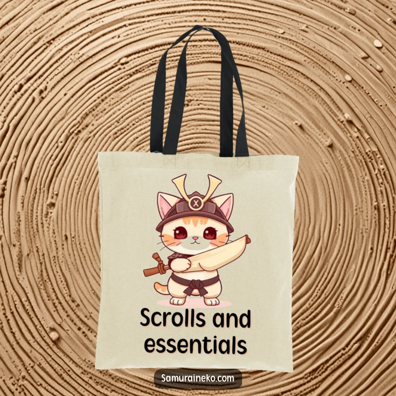 Funny cat in samurai helmet with scroll, durable tote bag, perfect funny gift for strategists.
