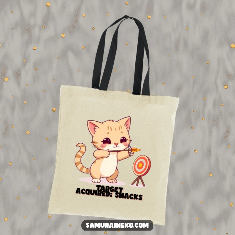 Funny cat archer aiming a tiny arrow at a fun target, showcased on a practical and stylish tote bag.
