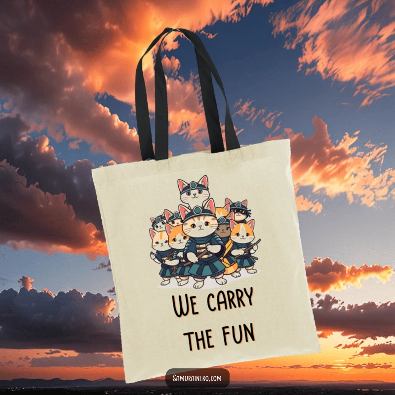Funny cat samurai tote bag showing a team of cats in assorted samurai stances, prepared for enjoyable activities.